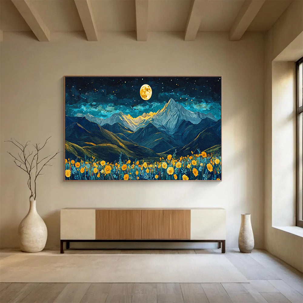 “Moonlit Mountain Blooms” - Blue, Yellow & Gold Landscape, Night Sky Oil Painting On Canvas DKS694