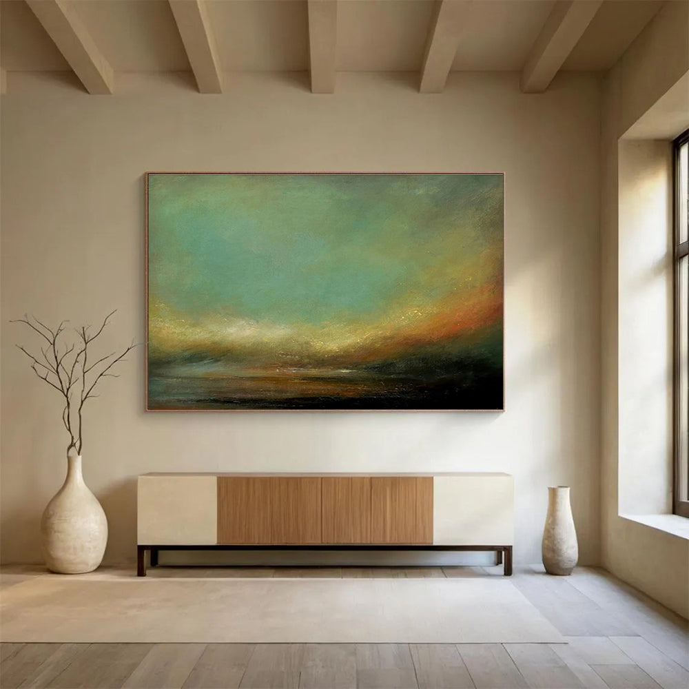“Subtle Color Transition” - Green, Orange & Black Landscape, Impressionistic Oil Painting On Canvas DKS778