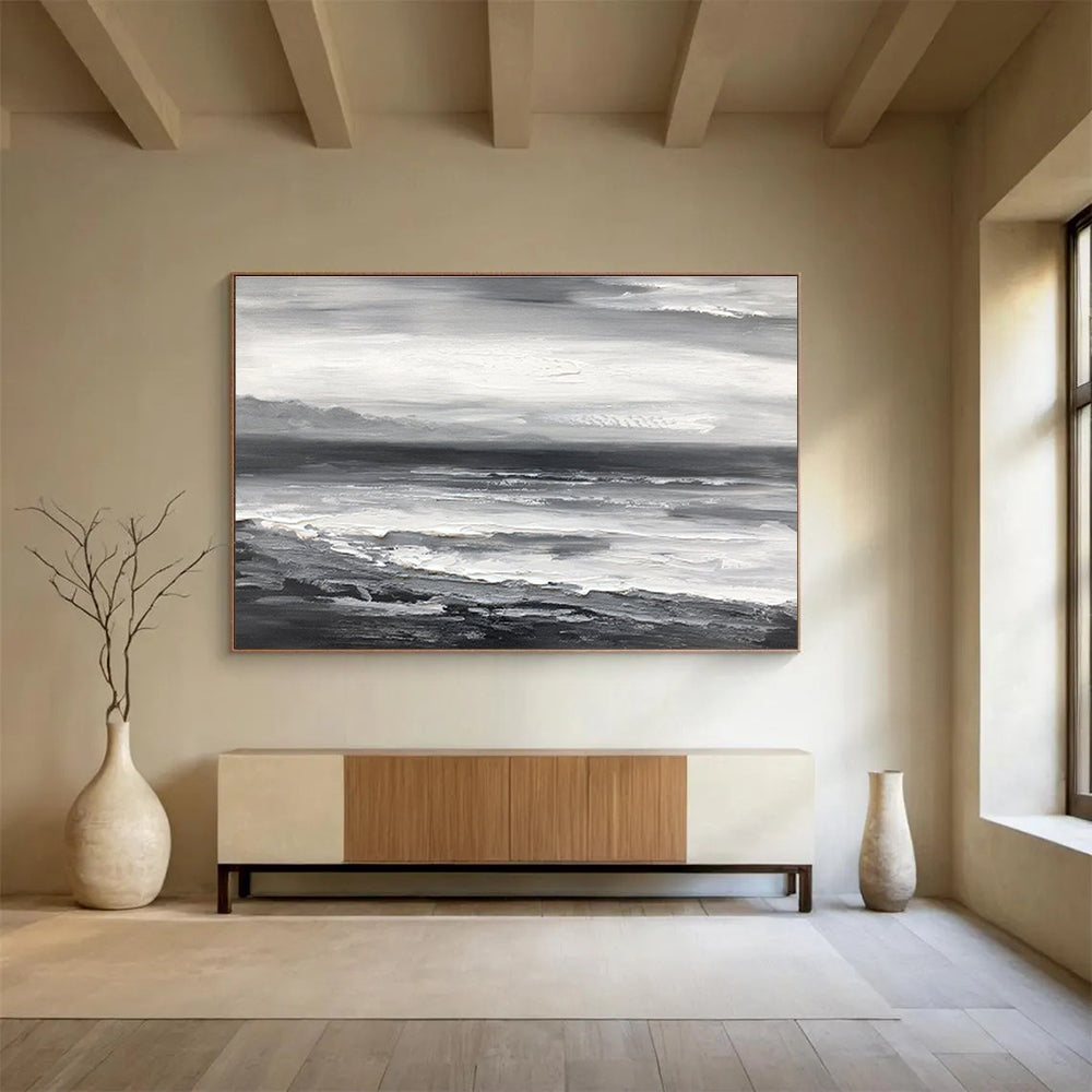 “Monochromatic Seascape” - Monochromatic Landscape Painting, Great for Minimalist Coastal Home & Contemporary Office DKS632