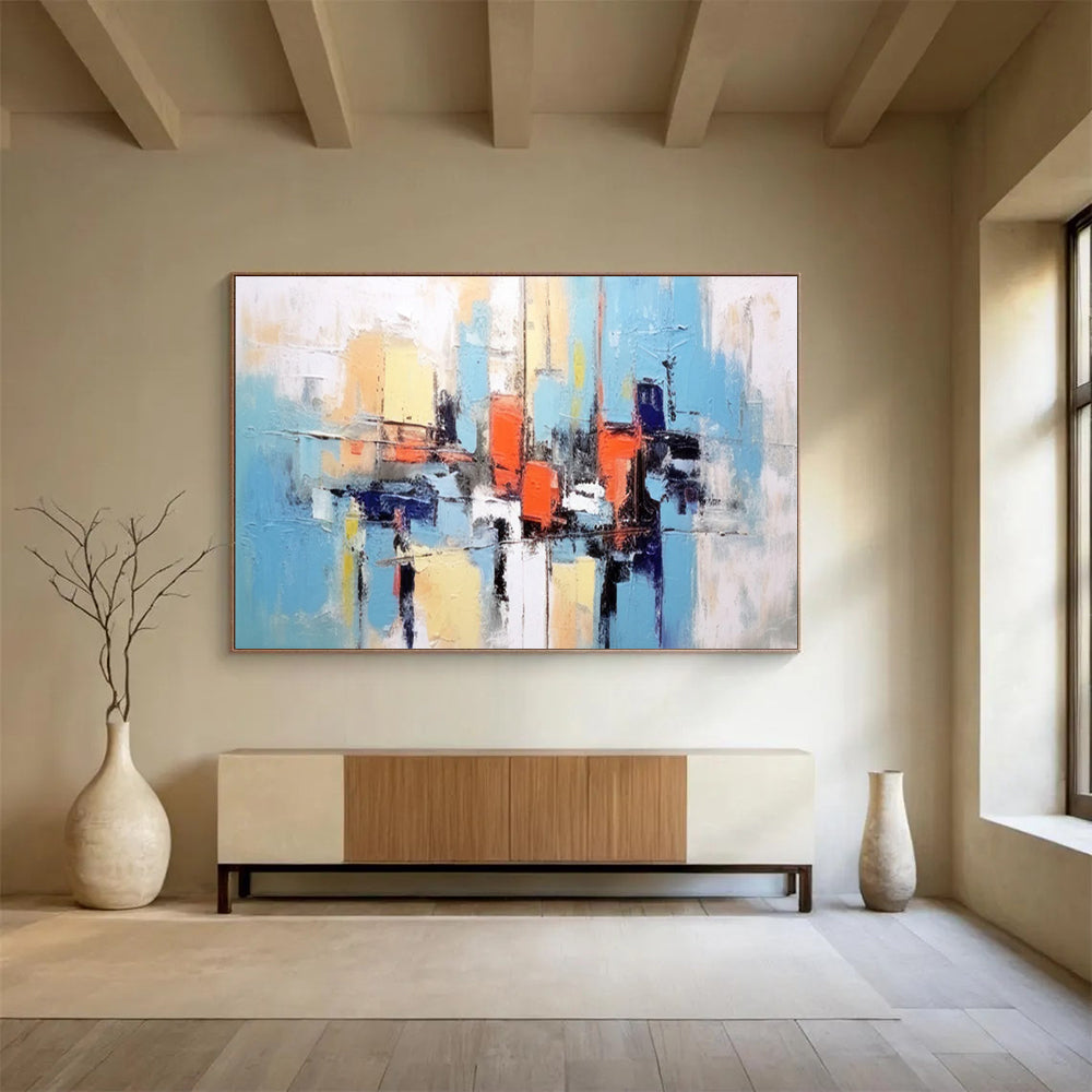 “Abstract City in Blue, Orange, and Yellow” - Modern Urban Painting On Canvas PT068