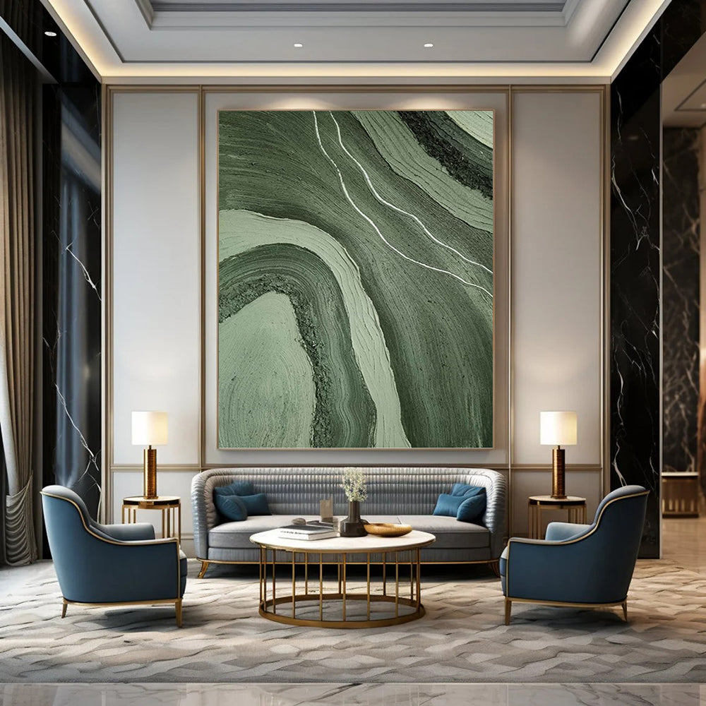 “Green & Gray Flowing Textures” - Green, Gray, Fluid Abstract Painting On Canvas PT1484