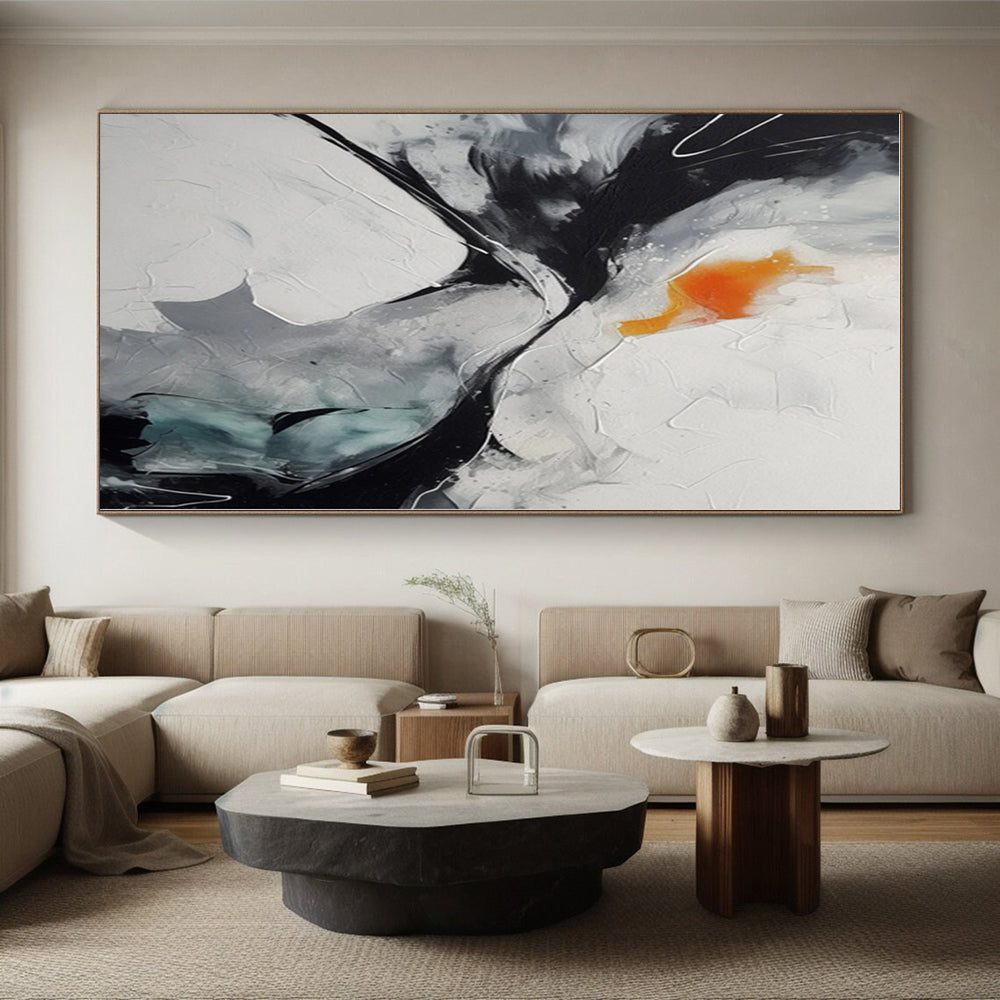 “Black - White - Orange Dynamic Swirl” - Black, White, Orange Abstract Swirl Painting On Canvas PS0571