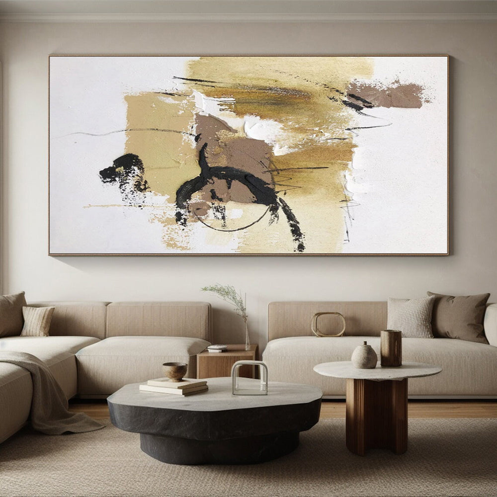 Beige, Brown, Black Organic Marks “Desert Sketch” - Painting On Canvas PS0797