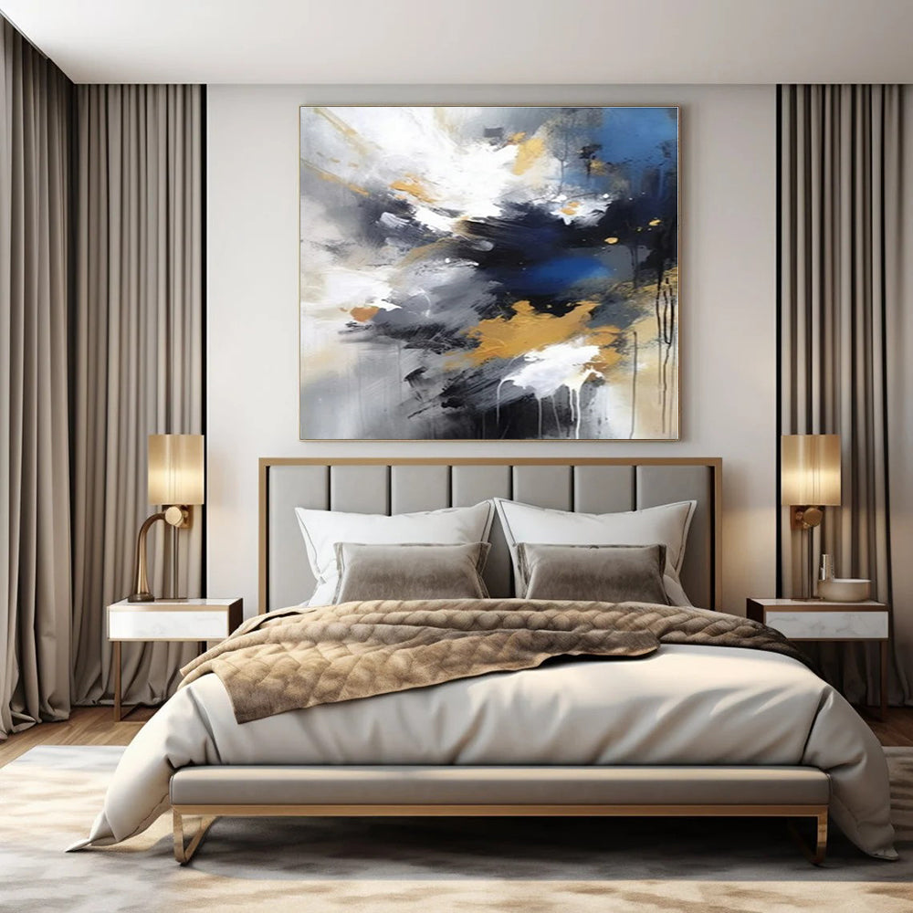 Blue, Gold, and Gray Explosion - Dynamic Abstract Painting On Canvas PS1253