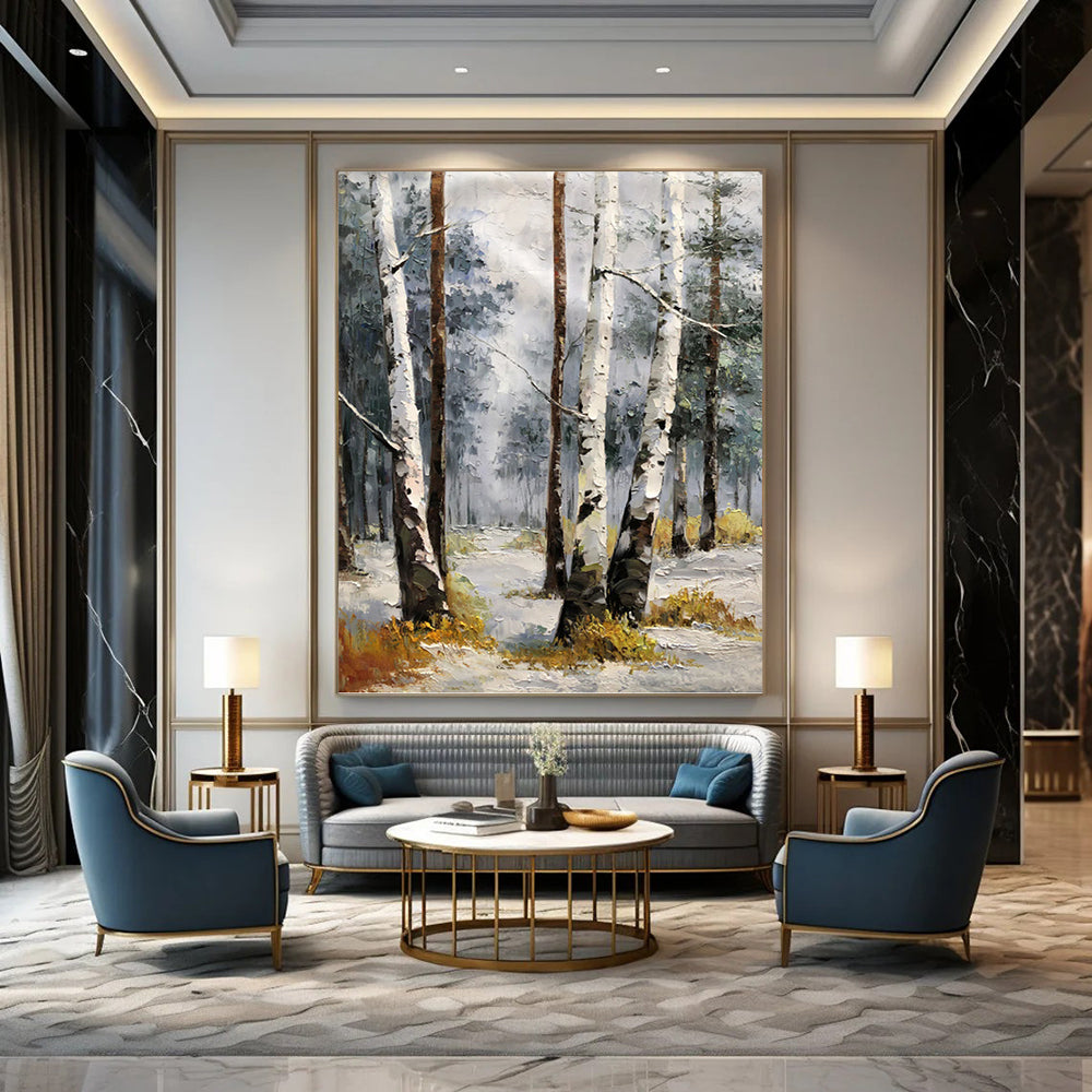 “White - Brown Winter Birch Forest” - Impressionist Landscape Painting On Canvas PT1276