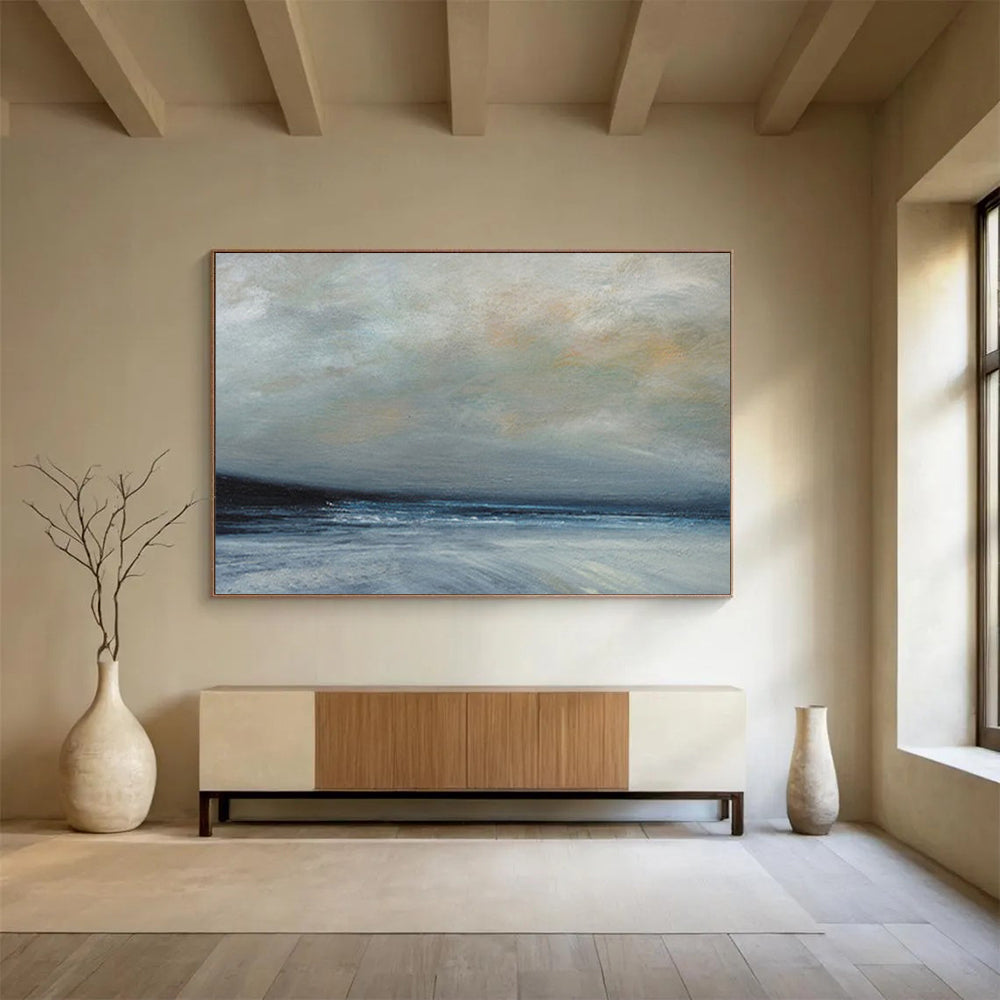 “Moody Seaside Landscape in Cool Tones” - Atmospheric Oil Painting On Canvas PT022