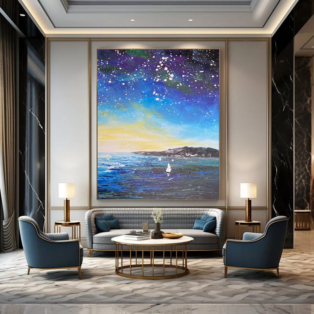 “Starry Night Coastal Sailboats” - Impressionist Night Sky Painting On Canvas PT1902