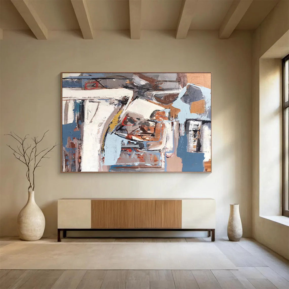 “Abstract Coastal Collage in Blues, Browns & Grays” - Modern Mixed - Media Painting On Canvas PT026