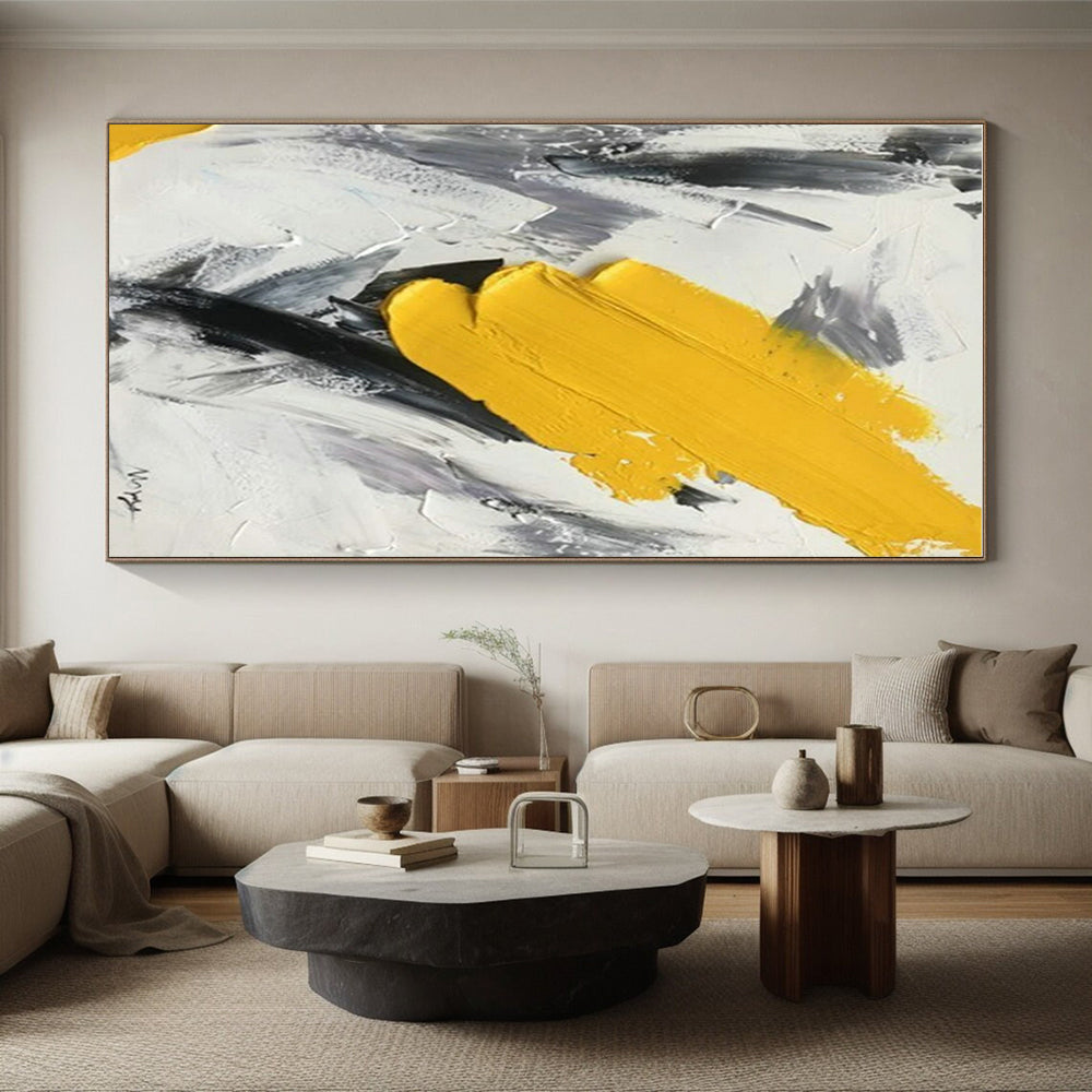 “Bold Yellow Stroke” - Yellow, Gray, White Abstract Impasto Painting On Canvas PS0616
