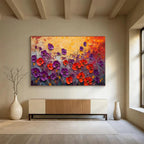 “Purple and Red Poppies on Textured Field” - Impasto Floral - Painting On Canvas PT1765