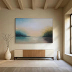 “Serene Landscape in Soft Blues, Greens & Neutrals” - Impressionistic Waterfront Painting On Canvas PT014