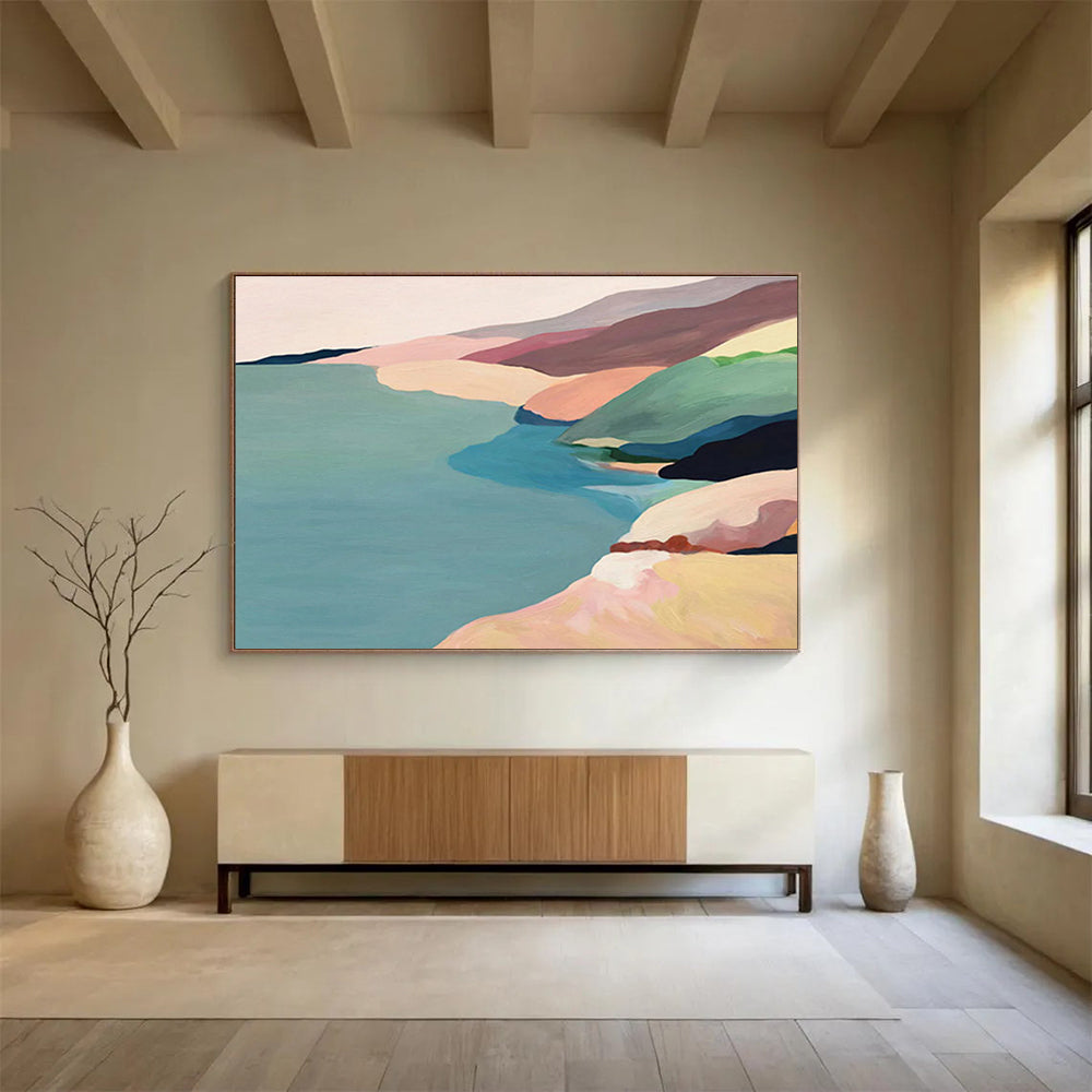 “Pastel Coastal Hills” - Blue, Pink & Beige Landscape, Minimalist Oil Painting On Canvas DKS741