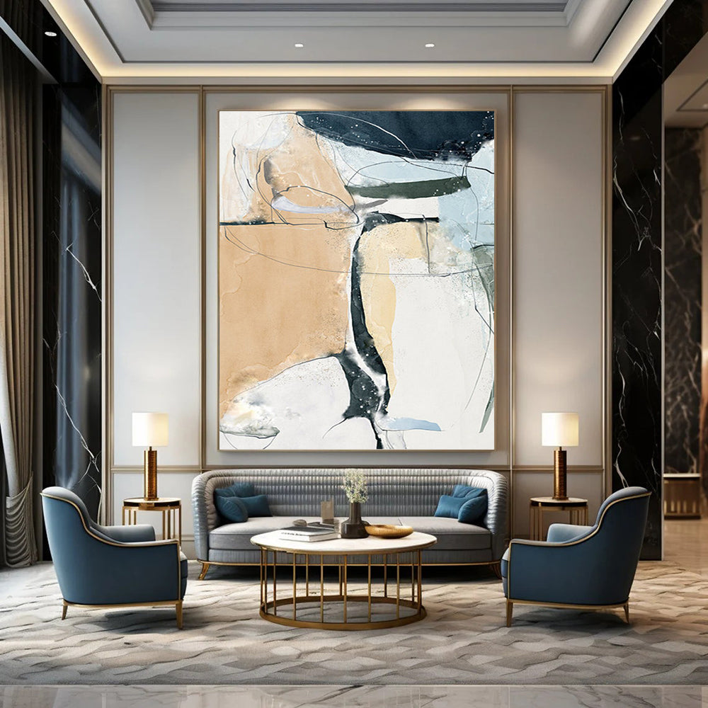 “Neutral and Blue Abstract Lines” - Abstract, Delicate - Styled Painting On Canvas PT1523