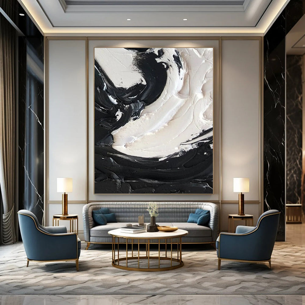 “Swirling Black and White Textures” - Tactile Abstract Painting On Canvas DS385