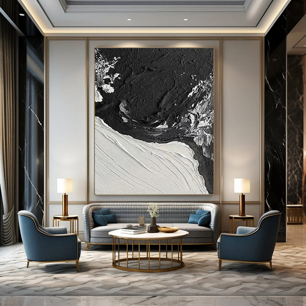 “Textured Black - White Contrast” - Impasto Abstract Painting On Canvas PT1048