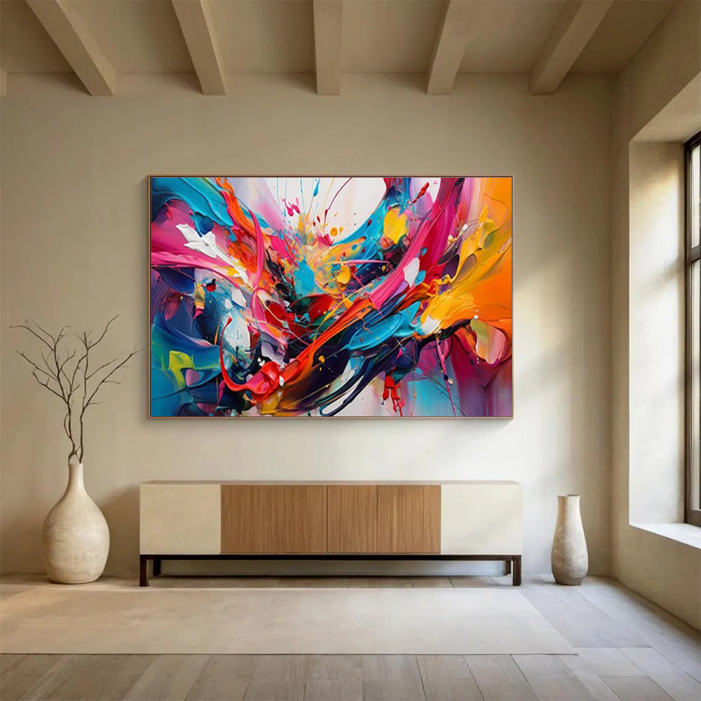 “Explosive Color Fusion” - Bold Rainbow Abstract, Dynamic Acrylic Splatter Painting On Canvas DKS690