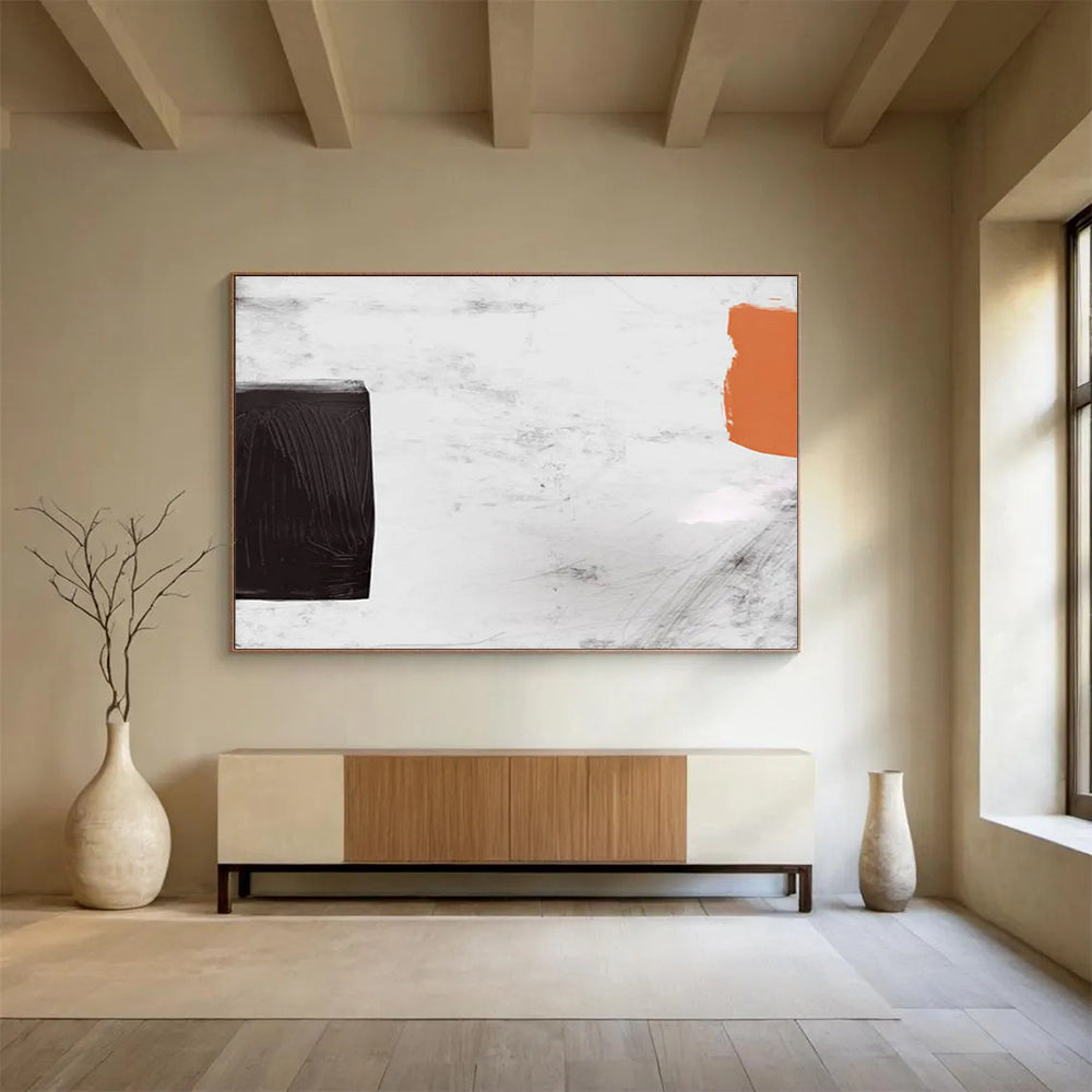 “Minimalist Black, White, and Orange Abstract” - Bold Abstract Painting On Canvas PT146