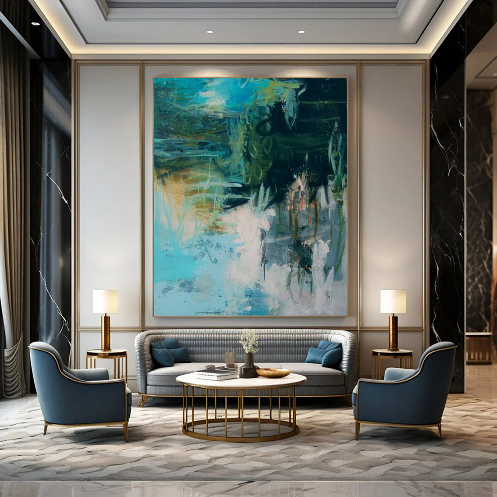 “Teal and Green Abstract” - Expressionist Abstract Painting On Canvas PT2286