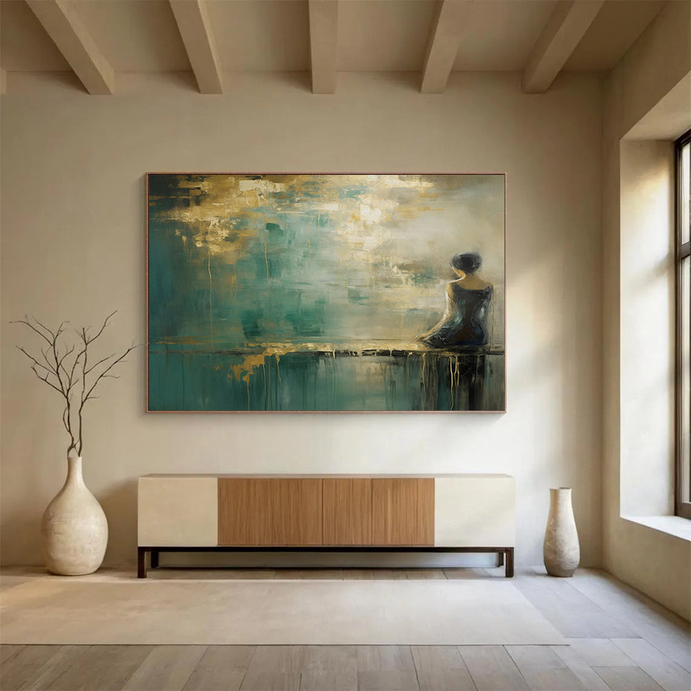 “Woman by the Water in Teal and Gold” - Impressionistic Figurative Painting On Canvas PT087