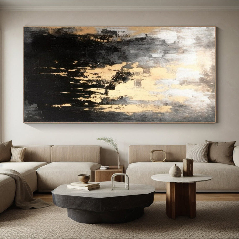 “Gilded Grayscale Drip” - Black, Gray, Gold Abstract Textured Painting On Canvas PS0622