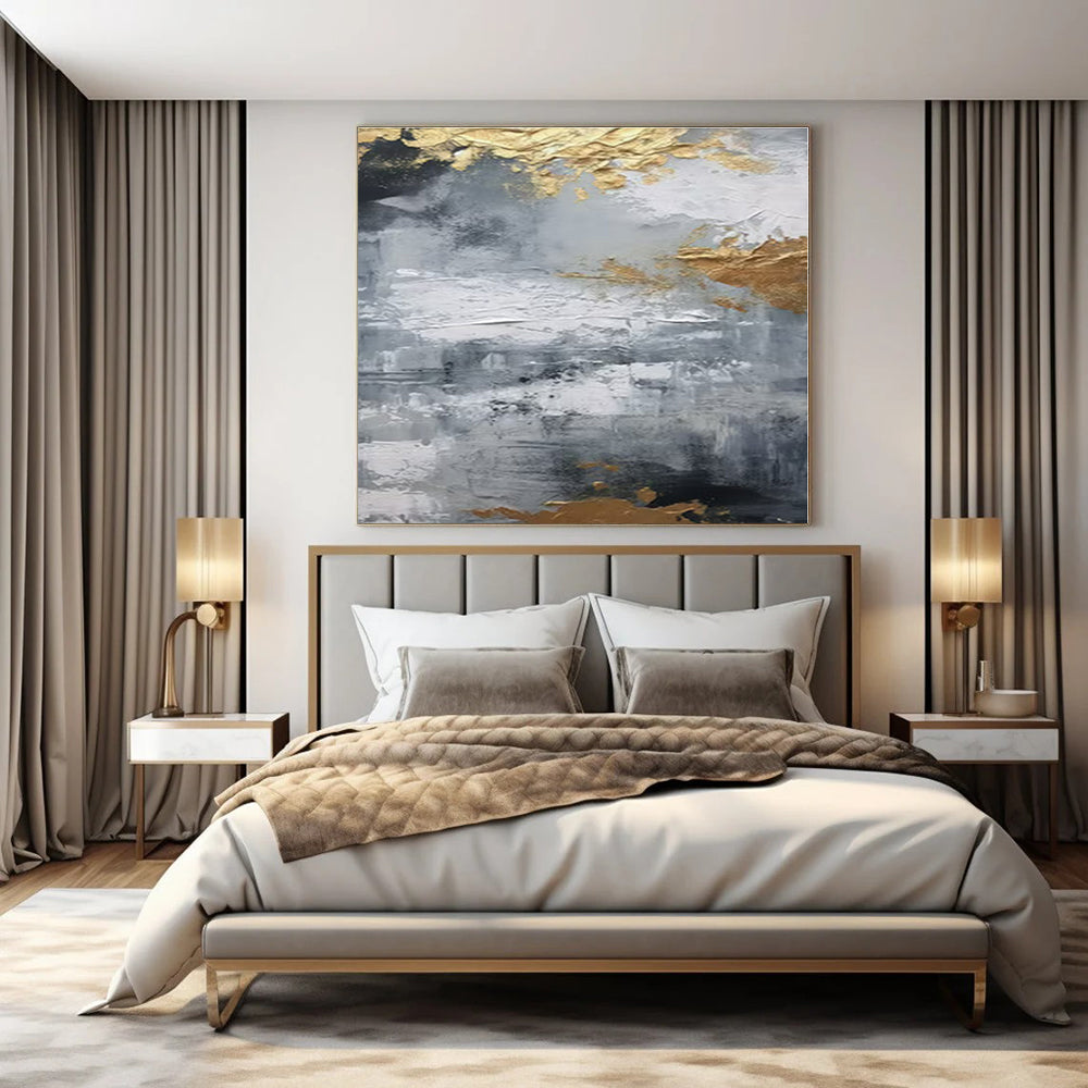 Gray, Gold, White with Textured Abstract "Textured Gilding" Abstract Painting On Canvas PS1261