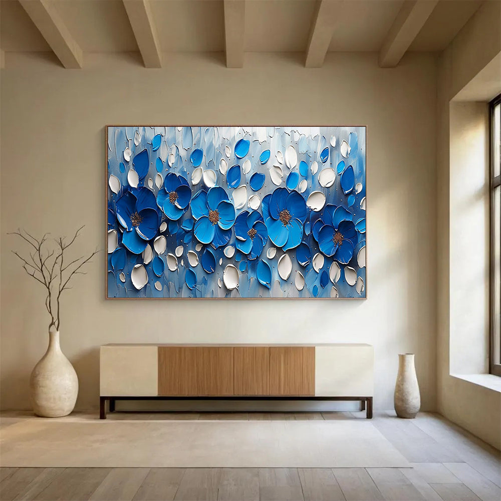 “3D Blue Floral Burst” - Sculptural Flower Painting On Canvas PT173