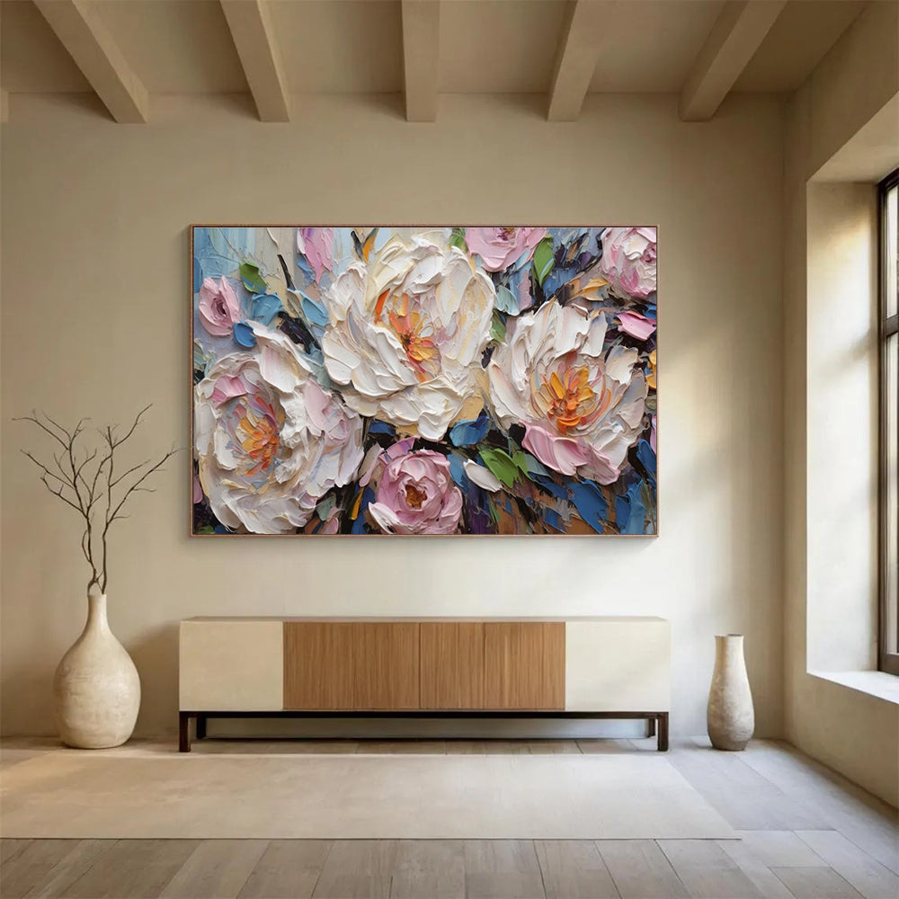“White and Pink Peonies with Blue Accents” - Impasto Oil Painting On Canvas DKS891
