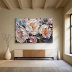 “White and Pink Peonies with Blue Accents” - Impasto Oil Painting On Canvas DKS891
