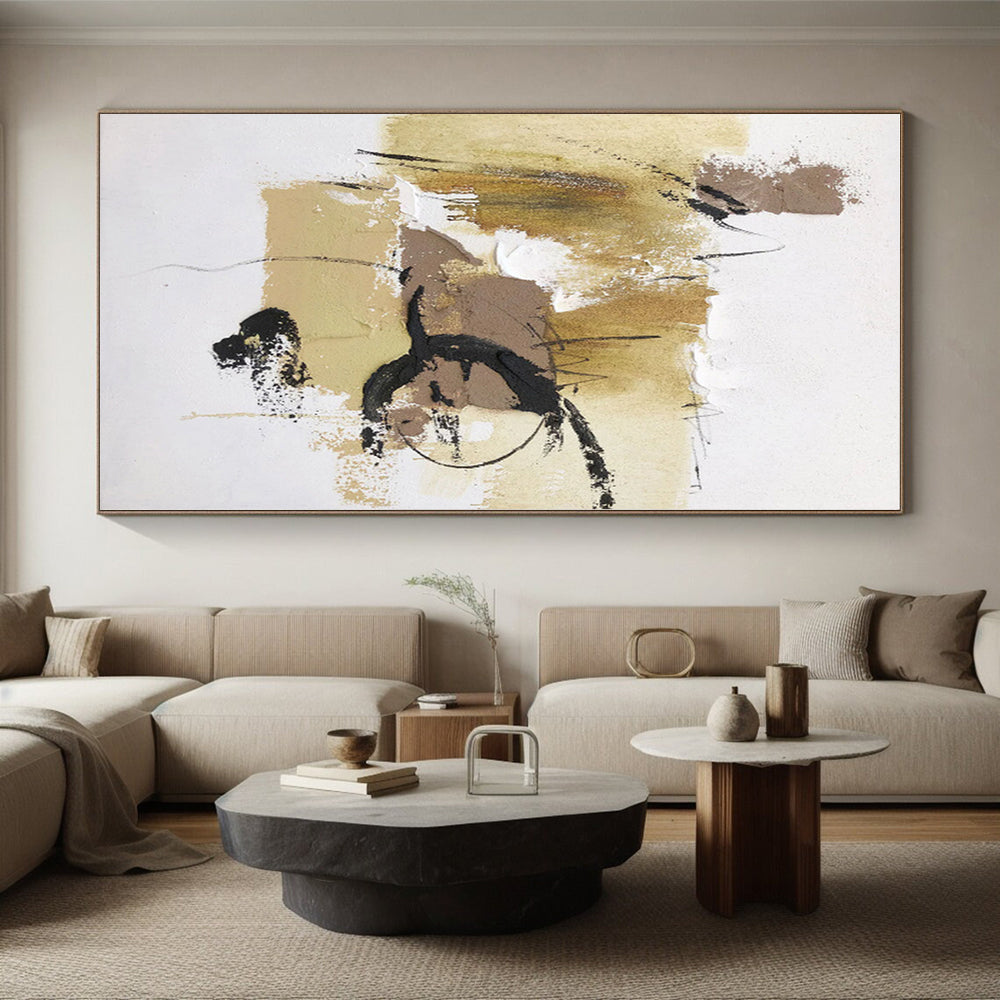 “Beige - Black Expressive Marks” - Beige, Black Abstract Painting On Canvas PS0500