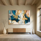 “Teal - Gold Abstract Shapes” - Dynamic Teal “Gilded Currents” Painting On Canvas PT1636