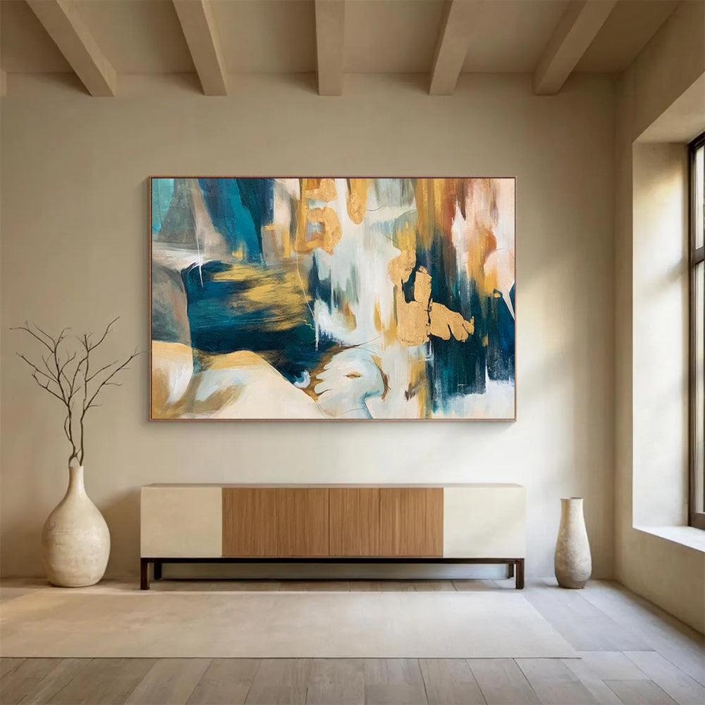 “Teal - Gold Abstract Shapes” - Dynamic Teal “Gilded Currents” Painting On Canvas PT1636
