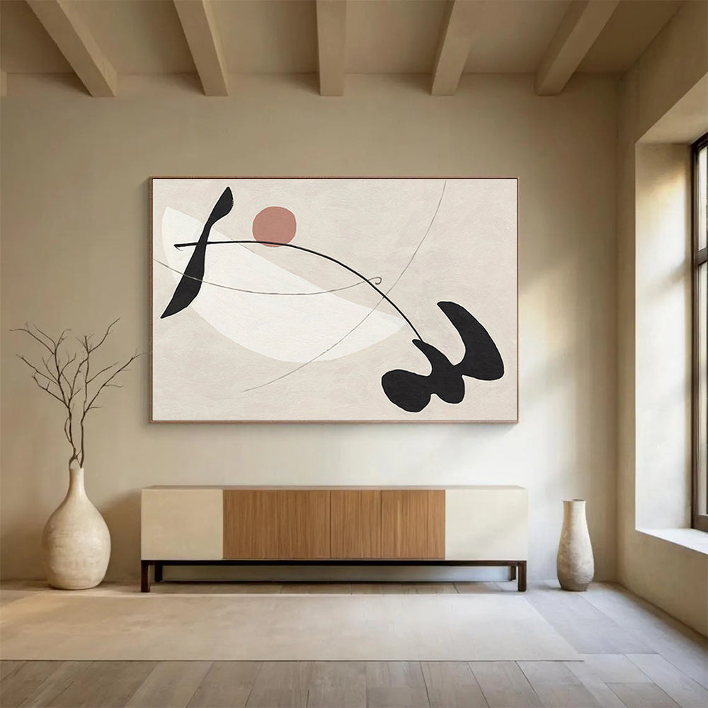 “Abstract Geometric Dance” - Beige, Black & Pink Abstract, Modern Ink Painting On Canvas DKS738
