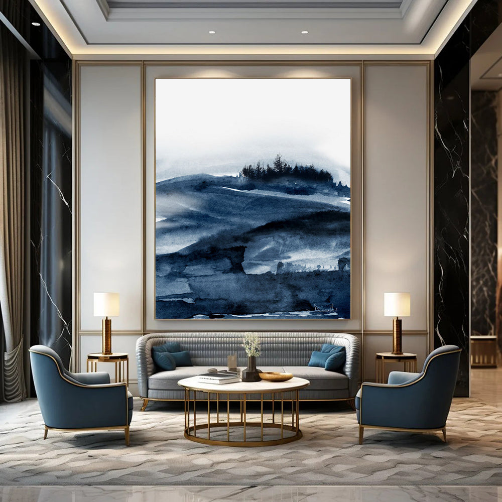 “Blue Watercolor Landscape” - Serene Hues with Misty Mountains Painting On Canvas DS230