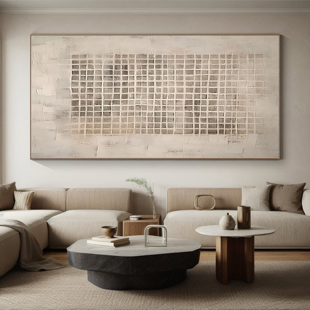 “Beige - Gray Grid Abstract” - Minimalist Abstract Painting On Canvas PS0091