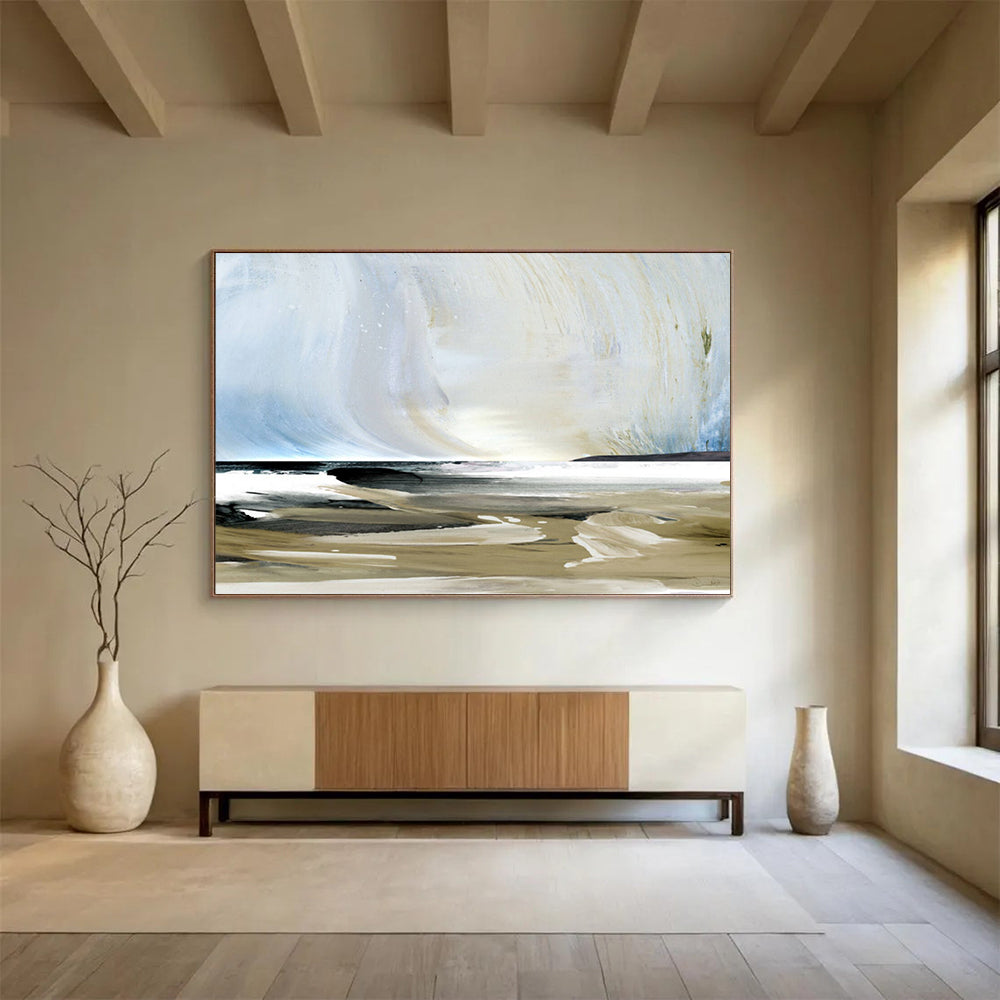 “Coastal Scene with Blue, Beige, and White” - Abstract Seascape Painting On Canvas PT116
