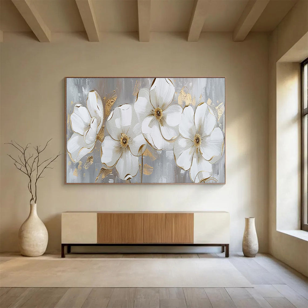 “White - Gold Floral Blooms” - Elegant Flowers “Gilded Garden” Painting On Canvas PT1653