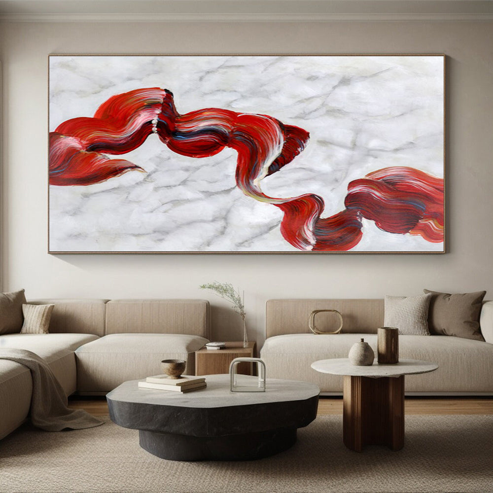 “Red - Blue - White Abstract Flowing Ribbons” - Graceful Abstract Painting On Canvas PS0307