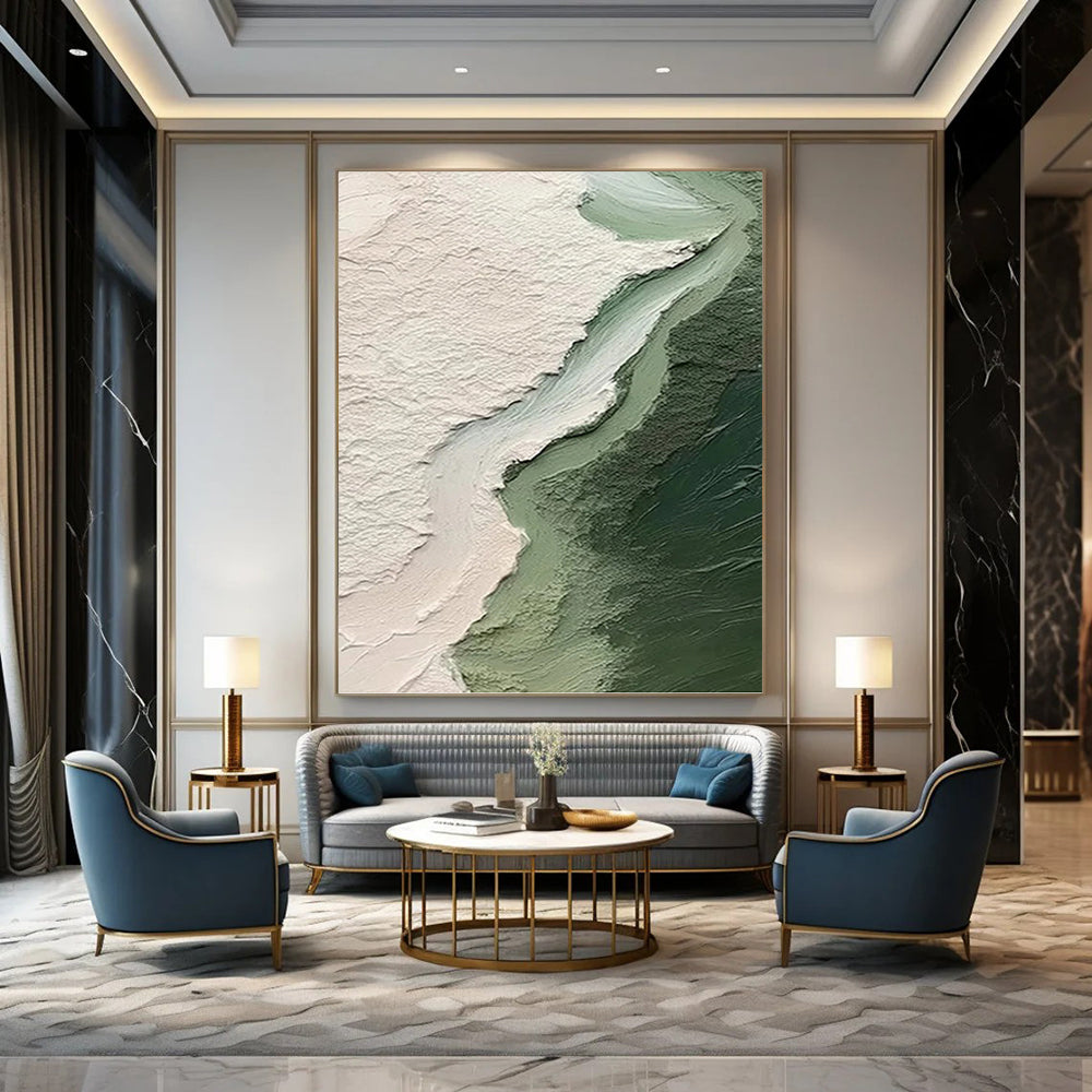 “Green - White - Light Green Textured Abstract” - Minimalist Abstract Painting On Canvas PT1382