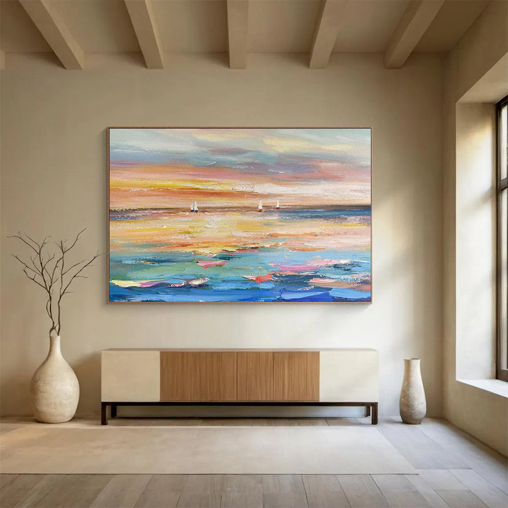 “Sailboats at Sunset” - Impressionist Seascape - Painting On Canvas PT1745