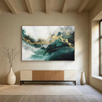 “Teal - Gold Abstract Waves” - Fluid Teal “Ocean Gold” Painting On Canvas PT1616