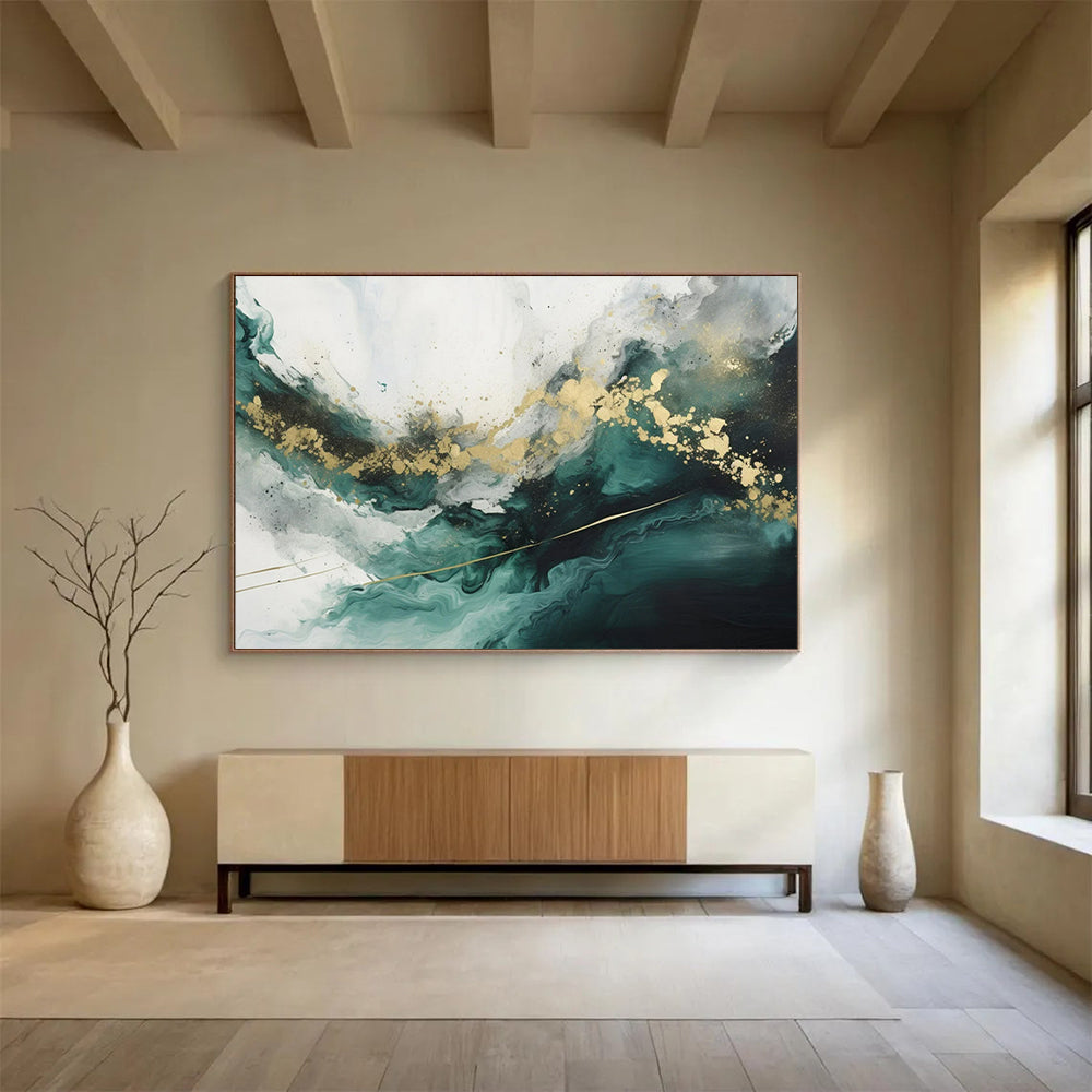 “Teal - Gold Abstract Waves” - Fluid Teal “Ocean Gold” Painting On Canvas PT1616