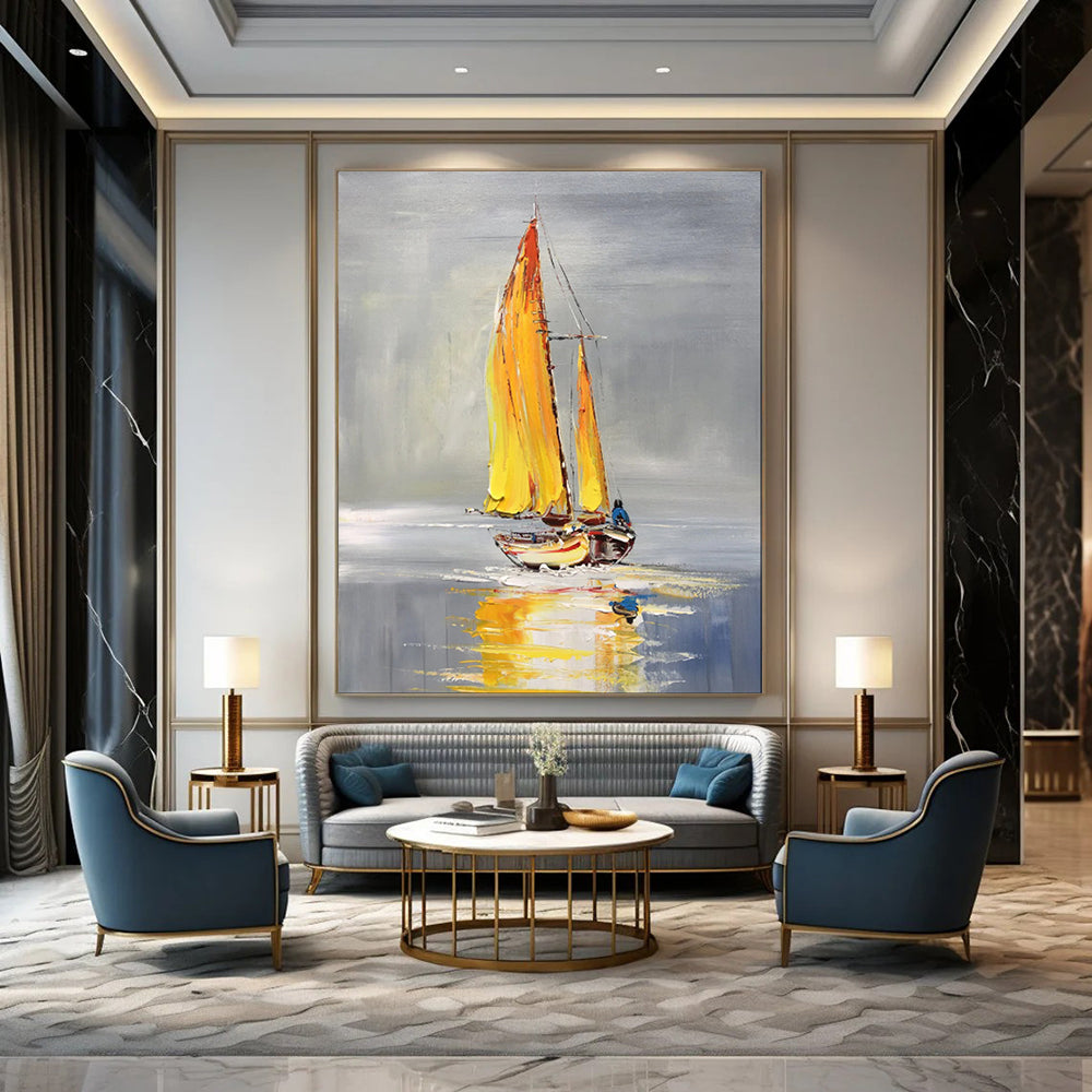 Yellow - Sailed Boat, Minimalist Maritime, Oil Painting On Canvas PT2096