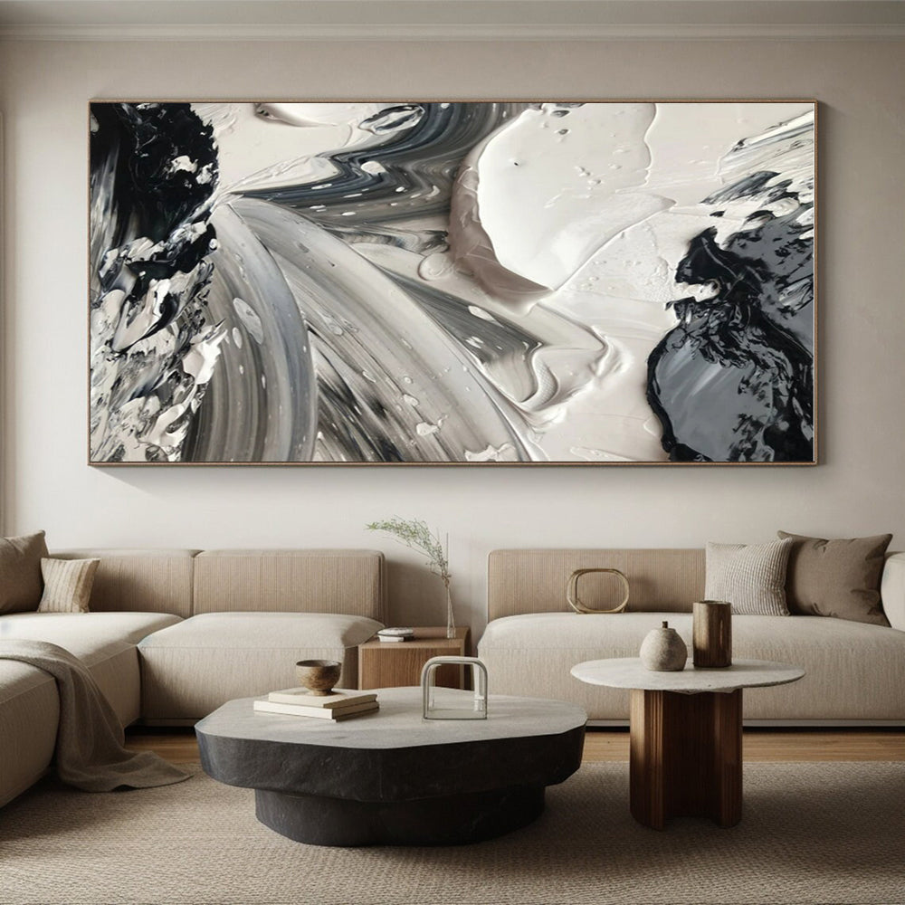 “Dynamic Black - White Textures” - Black, White Abstract Expressionist Painting On Canvas PS0713