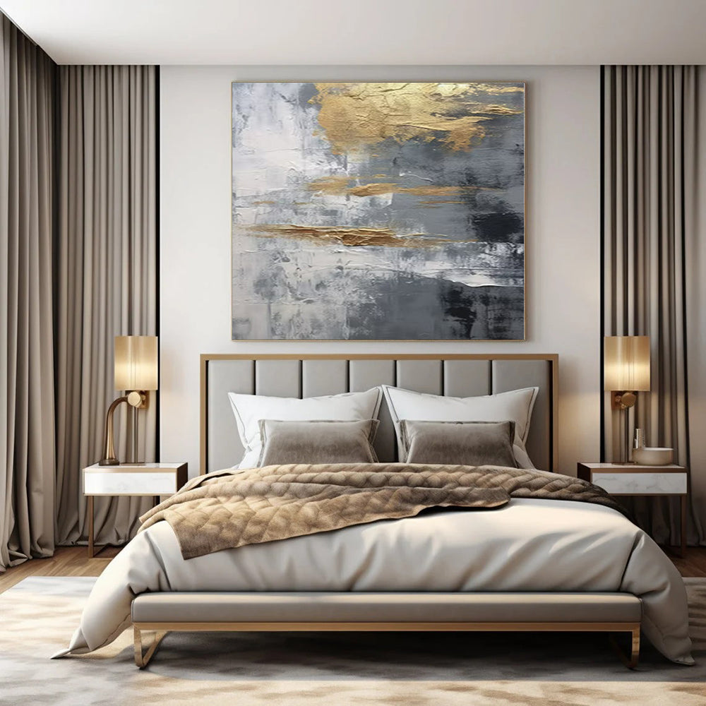 Gray, Gold, White with Textured Abstract "Gilded Grayscale" Abstract Painting On Canvas PS1260