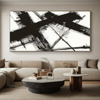 “Monochrome Cross Strokes” - Black, White Abstract Minimalist Painting On Canvas PS0716