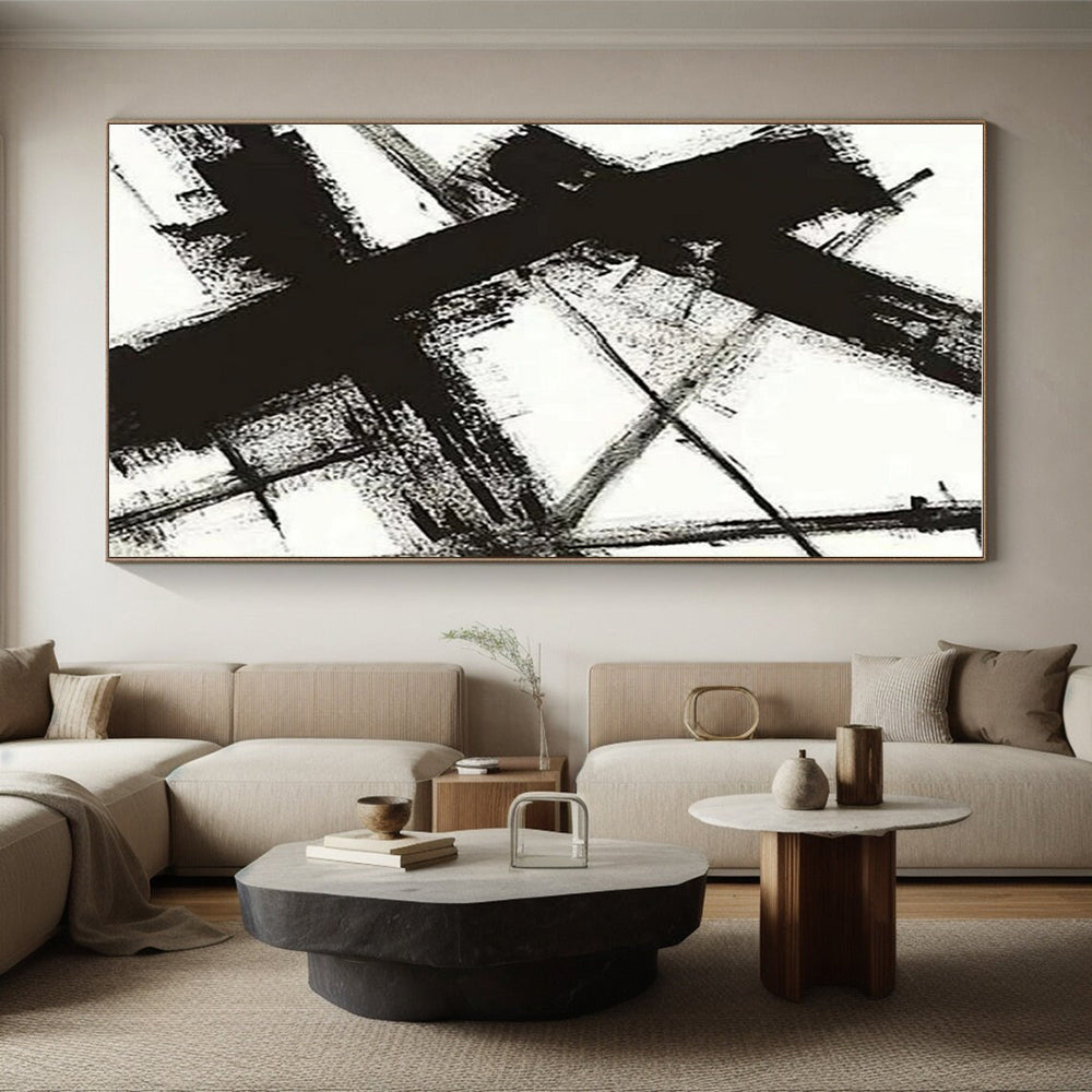 “Monochrome Cross Strokes” - Black, White Abstract Minimalist Painting On Canvas PS0716