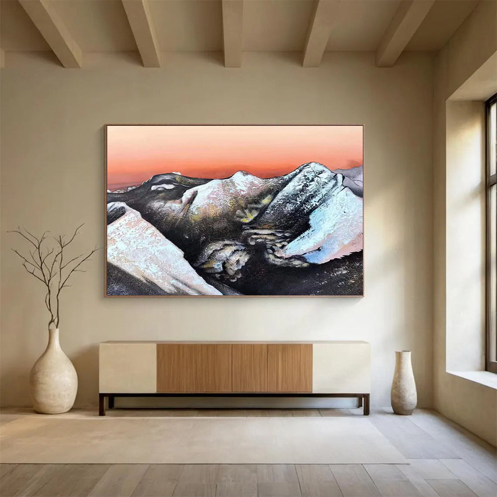 Snow - Capped Mountains & Orange Sky: Abstract Landscape Painting for Mountain - Themed Lounge & Art Gallery DKS651