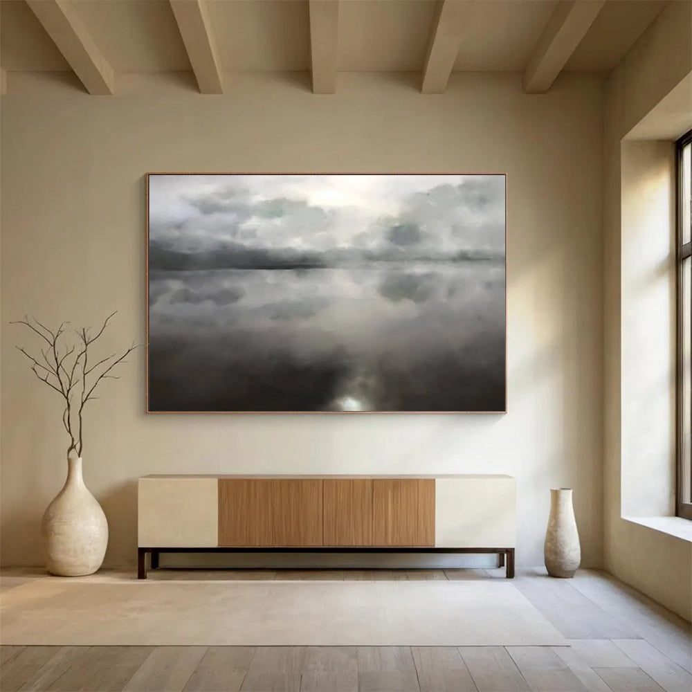“Monochrome Cloudy Lake Reflection” - Minimalist Landscape Painting On Canvas PT124