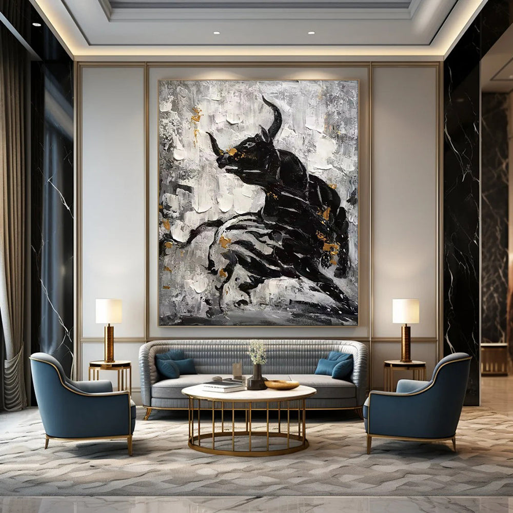 “Black - White - Gold Bull Abstract” - Expressionist Animal Painting On Canvas PT1968