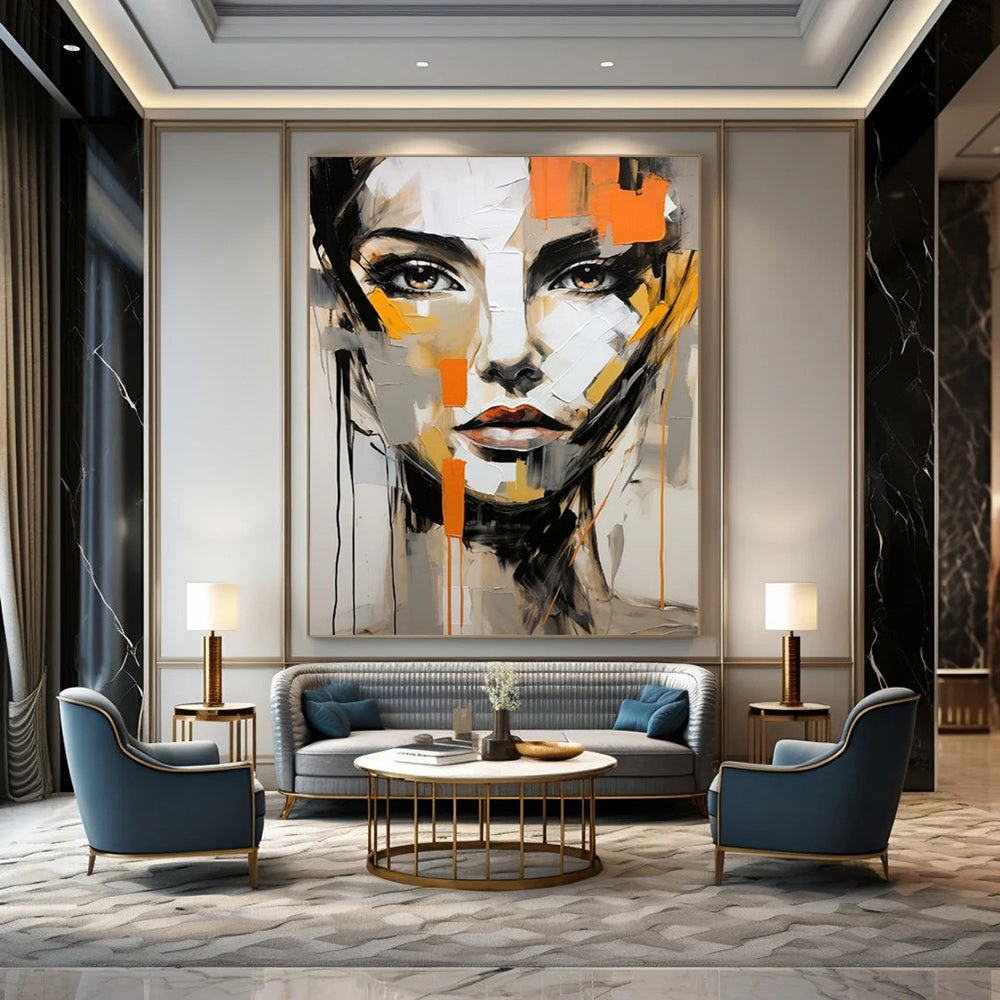 “Abstract Face with Orange Accents” - Contemporary Expressionist Painting On Canvas PT2215